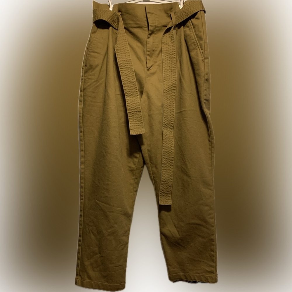 Olive Green Paperbag Waist, Belted, High Waist Ankle Pants
